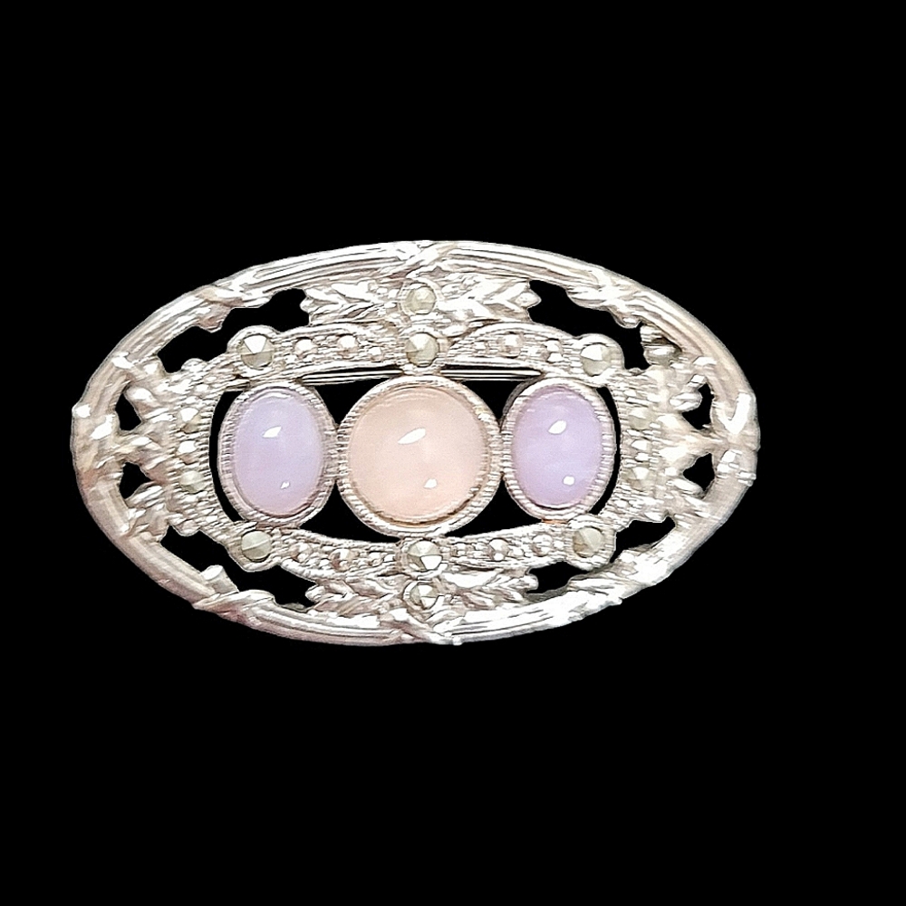 1928 Silvertone Marcasite & Faux Cabochons Brooch Pin 1" x 1.75"